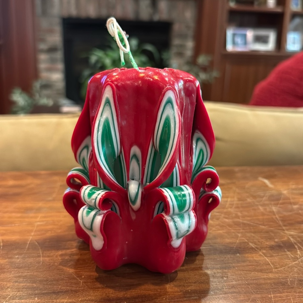 NEW! Hand Carved Candle Red Green White Christmas Holiday Unscented Not Burned